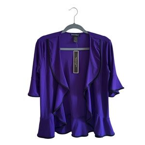 Purple Open Front Ruffle Cardigan Sz S Short Sleeve Black Trim Office Casual